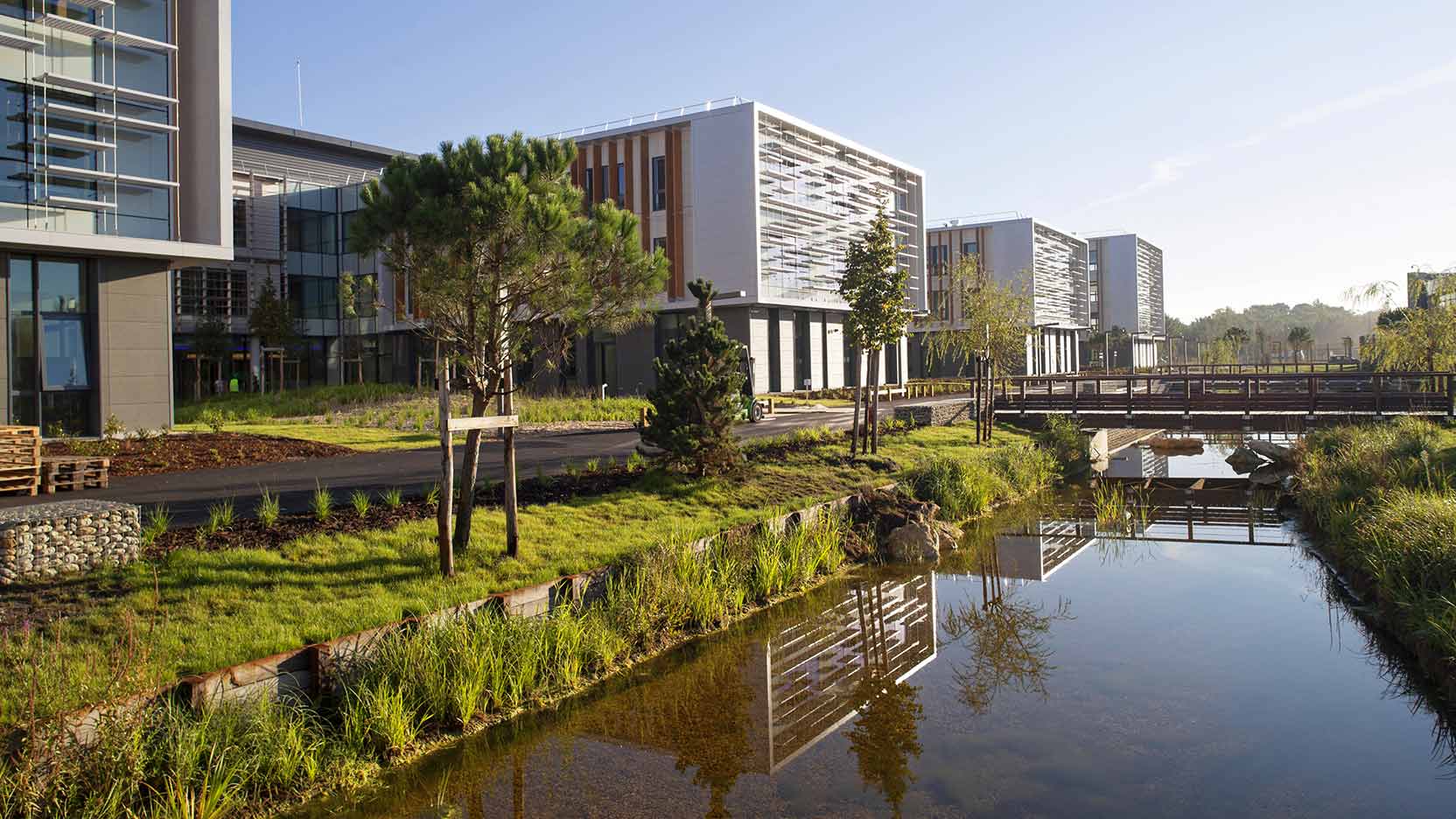 Le campus Thales Bordeaux a été réalisé par GA Smart Building un immobilier de bureau avec des procédés constructifs performants.
