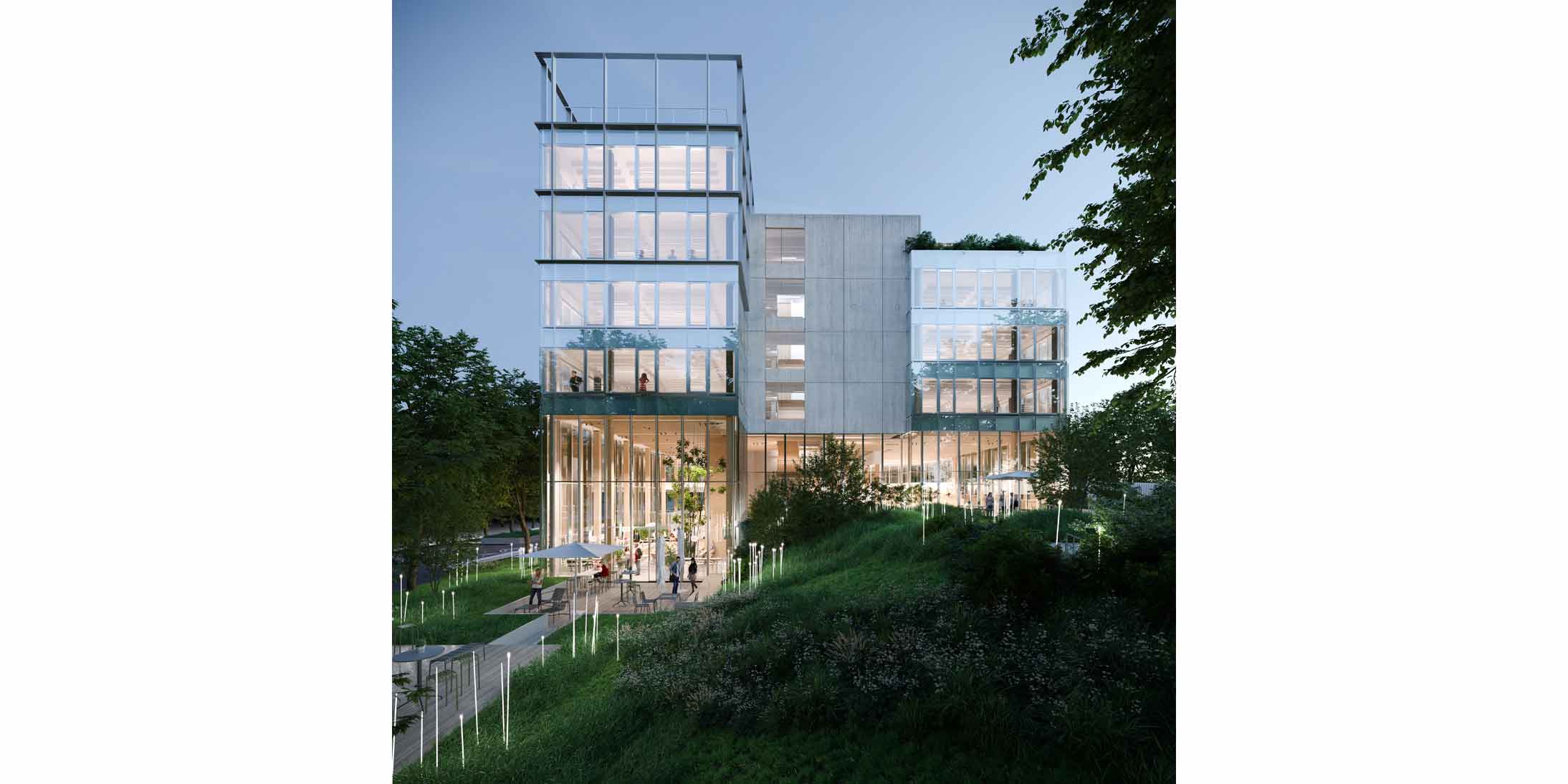 Le futur siège social de GA Smart Building à Toulouse vu depuis le jardin. Les architectes sont Studio Montazami et Tezuka Architects.